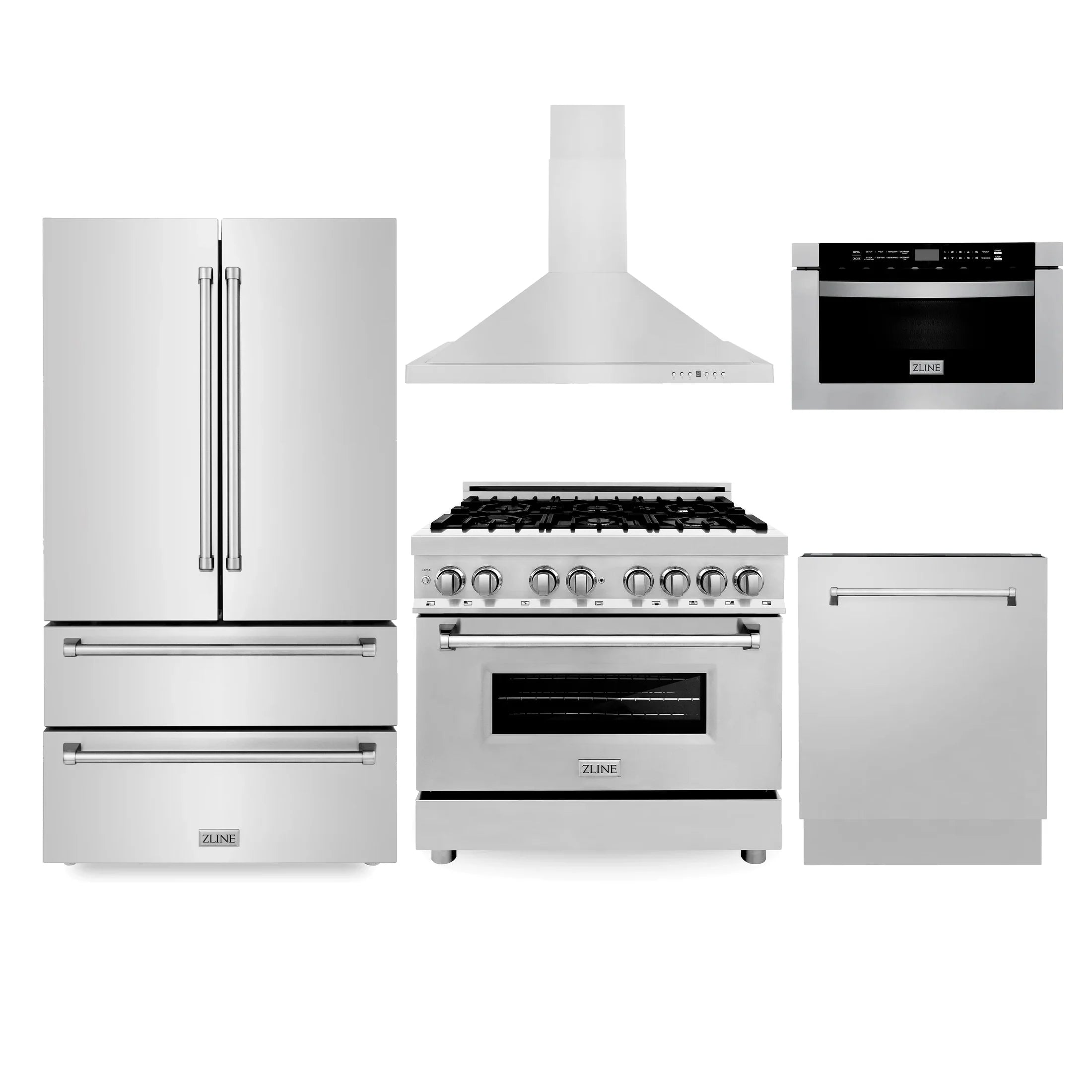 ZLINE Kitchen Package with Refrigeration, 36" Stainless Steel Dual Fuel Range, 36" Range Hood, Microwave Drawer, and 24" Tall Tub Dishwasher 5KPR-RARH36-MWDWV