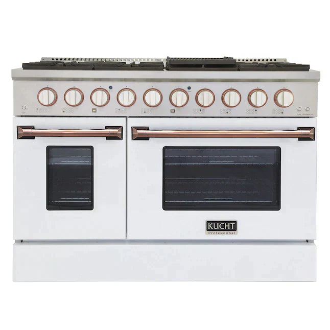 Kucht Signature 48-Inch Pro-Style Dual Fuel Range in Stainless Steel with White Oven Door & Rose Gold KDF482-W-ROSE