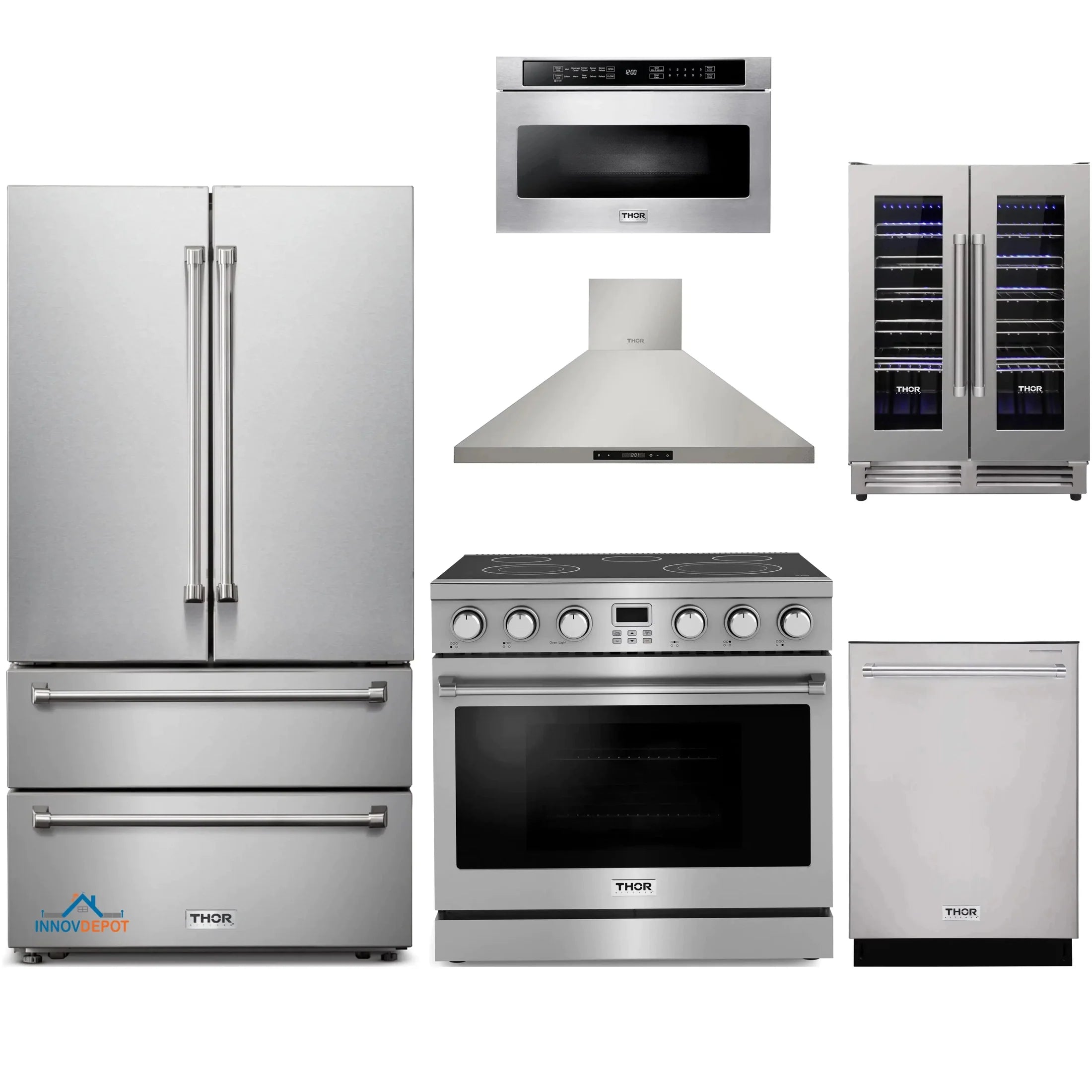 Thor Kitchen 6-Piece Appliance Package - 36-Inch Electric Range, Wall Mount Range Hood, Refrigerator, Dishwasher, Microwave, and Wine Cooler in Stainless Steel