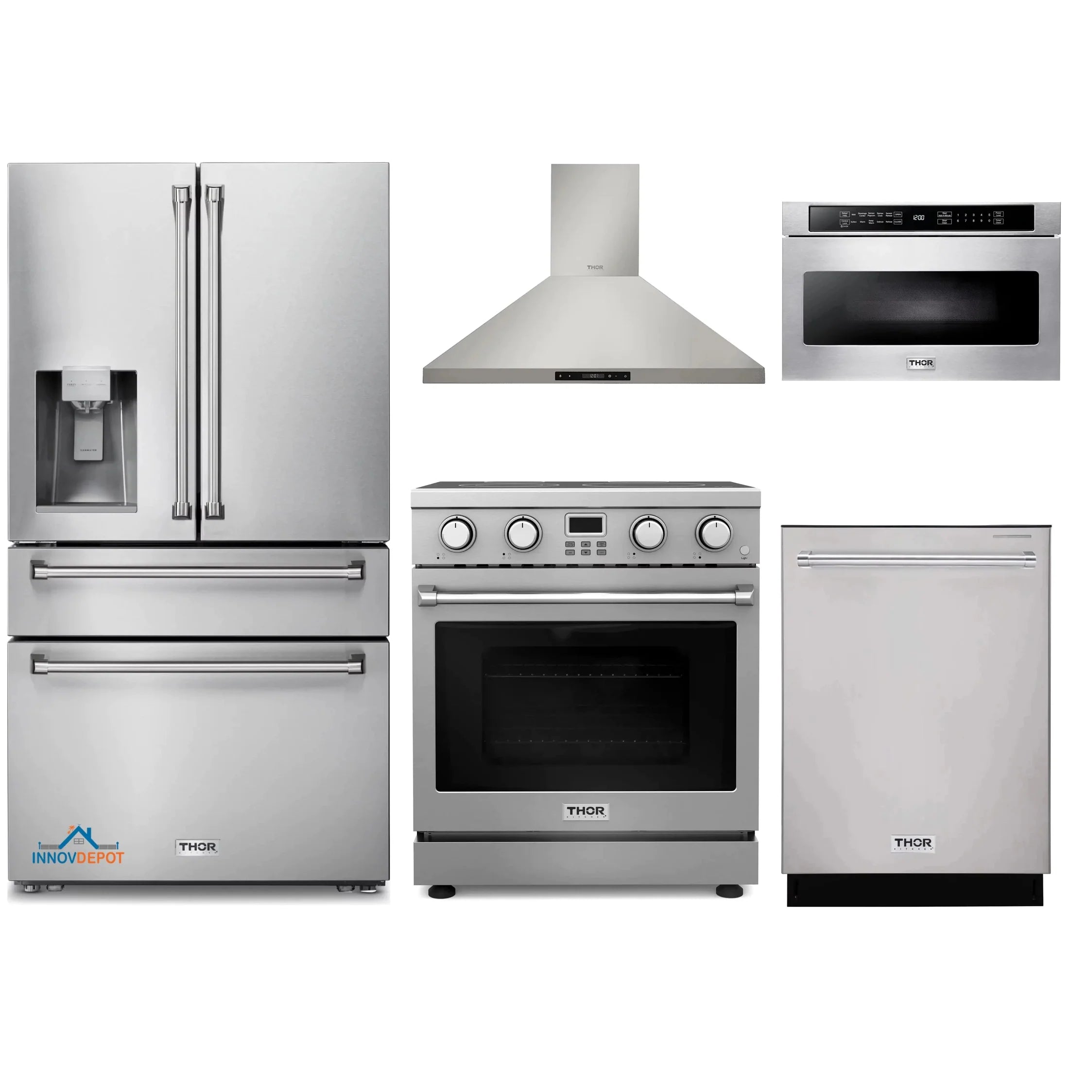 Thor Kitchen 5-Piece Appliance Package - 30-Inch Electric Range, Wall Mount Range Hood, Refrigerator with Water Dispenser, Dishwasher, and Microwave in Stainless Steel