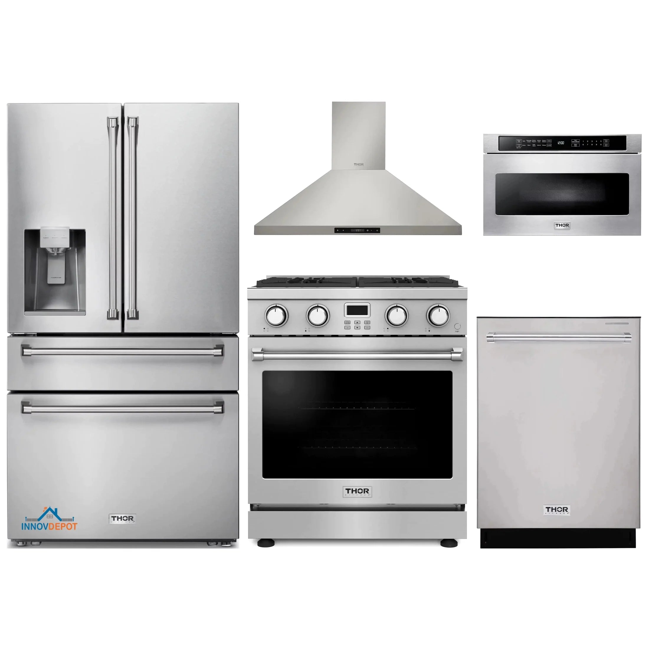 Thor Kitchen 5-Piece Appliance Package - 30-Inch Gas Range, Wall Mount Range Hood, Refrigerator with Water Dispenser, Dishwasher, and Microwave in Stainless Steel