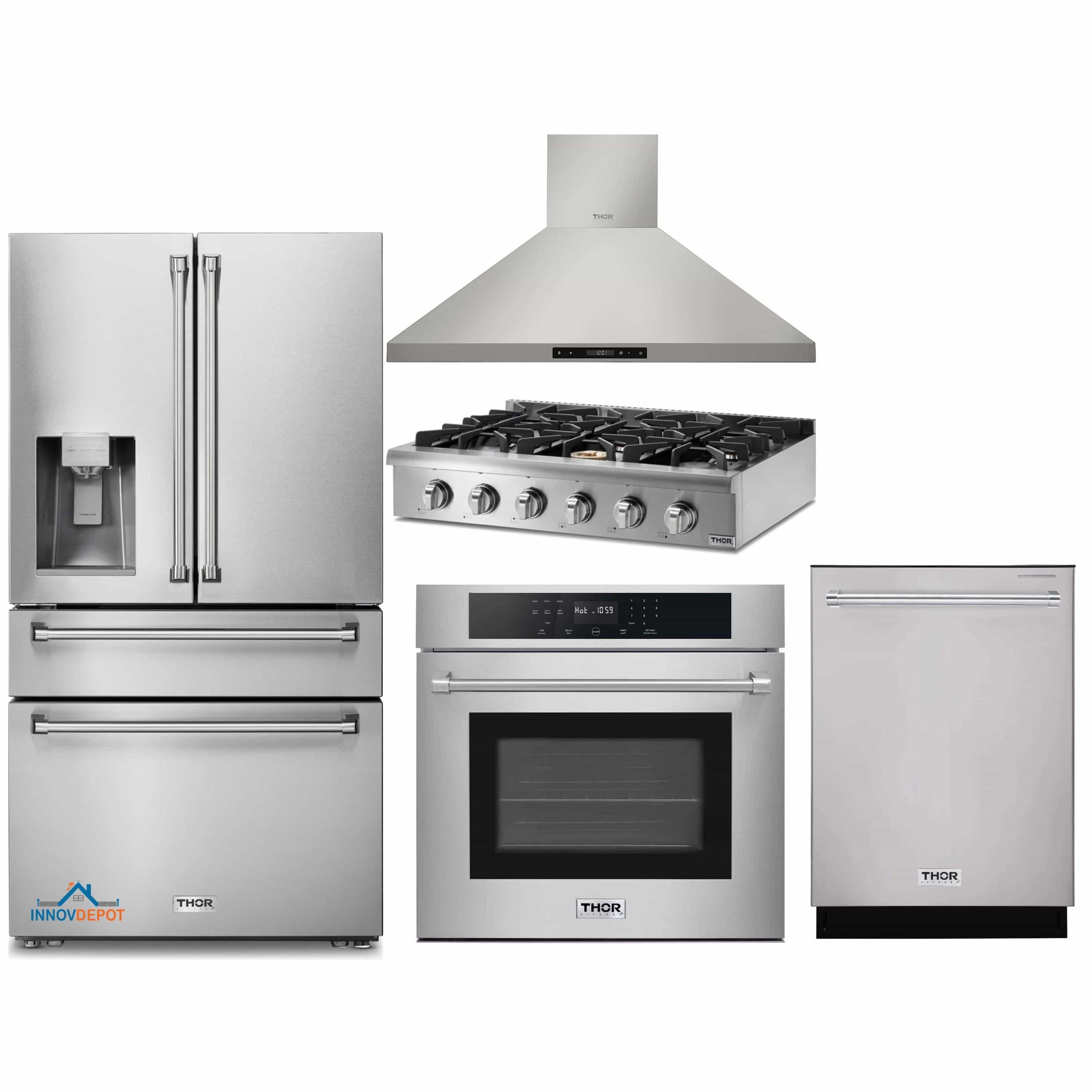 Thor Kitchen 5-Piece Pro Appliance Package - 36-Inch Rangetop, Electric Wall Oven, Wall Mount Hood, Dishwasher & Refrigerator with Water Dispenser in Stainless Steel