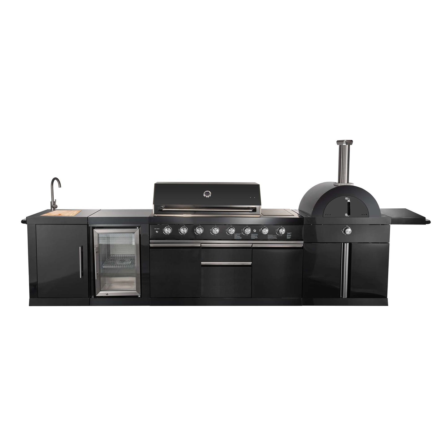 Forno All'Aperto 87,600 BTU BBQ with 4 Stainless-Steel Burners with Infrared Burners & Side Burner, Sink Module with Black Sintered Stone Countertops, Gaz Pizza Oven, Bar & Beverage Center