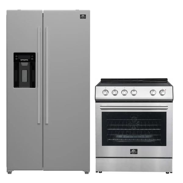 Forno 2-piece appliance package featuring a 30-inch electric range and a 36-inch side-by-side refrigerator with an external water dispenser, both in a sleek stainless steel finish for a coordinated, modern kitchen setup.