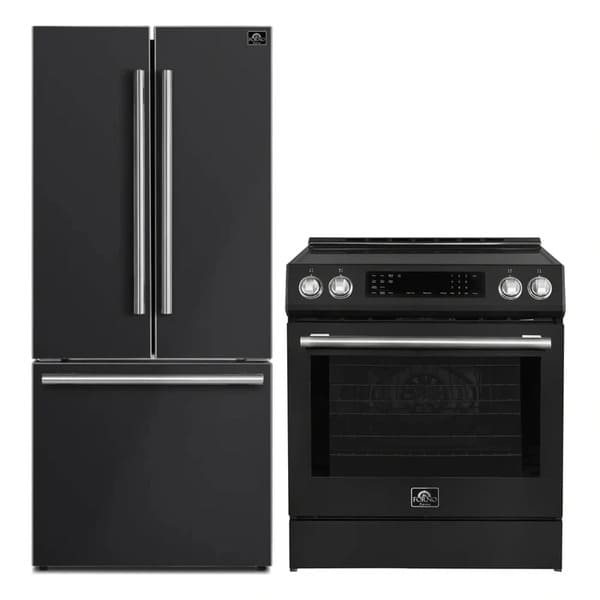 FORNO 2-piece appliance package featuring a 30-Inch Induction Range and a 30-Inch French Door Refrigerator in Black, displayed together with matching black finishes for a sleek and cohesive modern kitchen design.