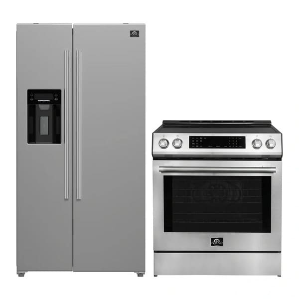FORNO 2-piece appliance package featuring a 30-inch stainless steel induction range and a 36-inch side-by-side refrigerator with built-in water dispenser—modern and matching pro-style design.