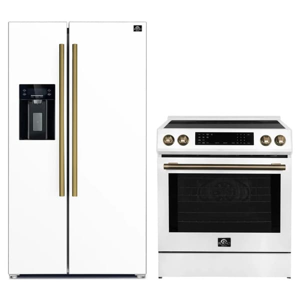 FORNO 2-piece appliance package featuring a 30-Inch Induction Range and a 36-Inch Side-by-Side Refrigerator with Water Dispenser in White, displayed in a modern kitchen setting with matching finishes and contemporary styling.