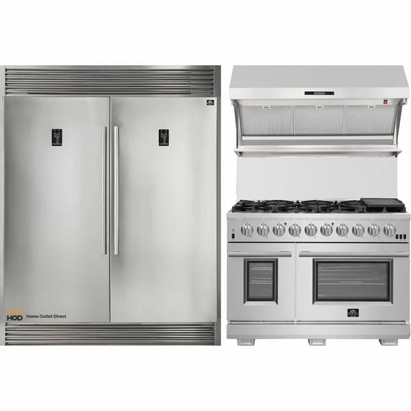 Front view of the FORNO 3-Piece Appliance Package, featuring a 48-inch stainless steel gas range with 8 burners, a 60-inch pro-style French door refrigerator, and a matching wall mount range hood—designed for professional-grade performance and modern kitchen style.