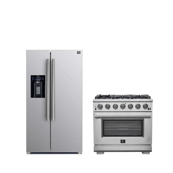 FORNO Appliance Package featuring 36-Inch Gas Range with 6 brass burners and 36-Inch French Door Refrigerator with built-in ice maker and grill trim in stainless steel.