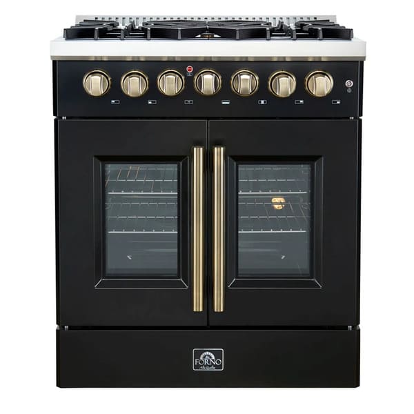 Front view of the FORNO Galiano 30-Inch French Door Dual Fuel Range in black, featuring a sleek stainless cooktop with sealed burners, French-style oven doors, and elegant brass-accented control knobs.
