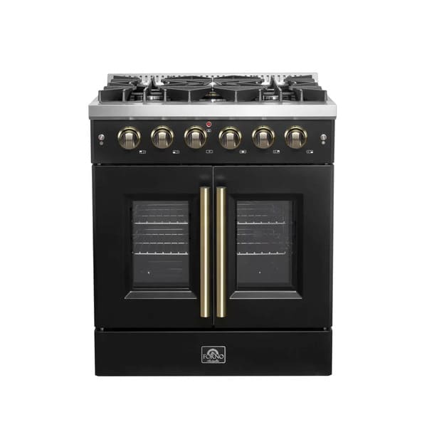Front view of the FORNO Galiano 30-Inch French Door Gas Range in black, featuring a matte black finish, four sealed burners, and elegant double oven doors with stainless steel handles.