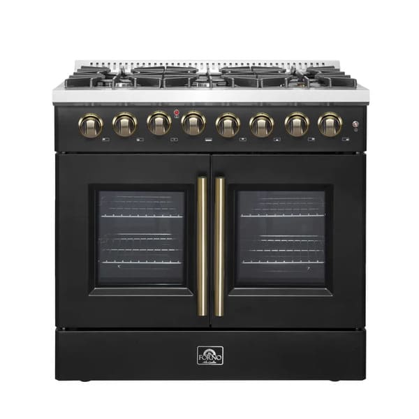 Front view of the FORNO Galiano 36-Inch French Door Dual Fuel Range in black, featuring six brass burners, double oven doors, and antique brass knobs on a sleek, professional design.