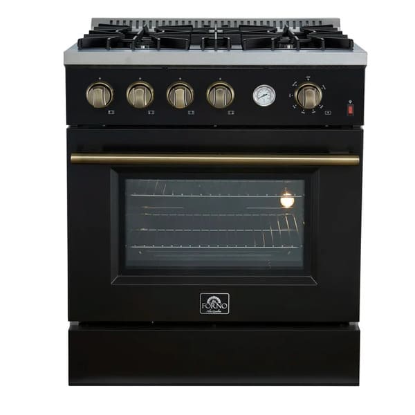 Front view of the FORNO Marco 30-Inch Gas Range in black, showcasing four sealed burners, a wide oven window, and a sleek matte black finish with stainless steel trim for a modern kitchen look.