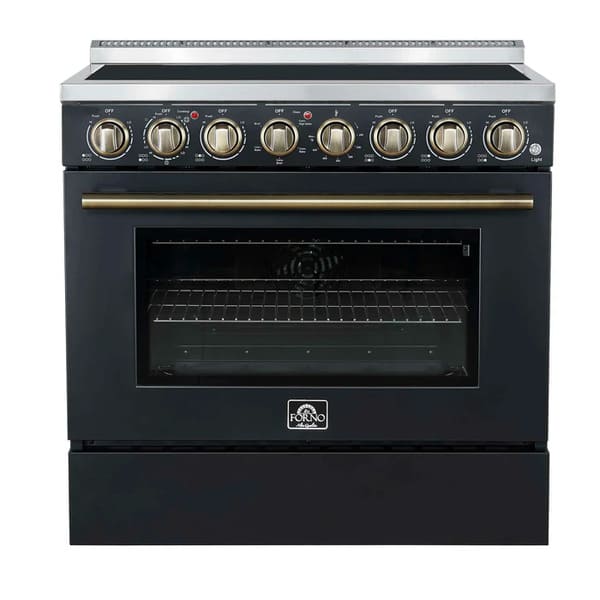 Front view of the FORNO Paolo 36-Inch Electric Range in black, featuring a modern black stainless steel finish, smooth ceramic cooktop, and sleek control panel for a bold kitchen upgrade.
