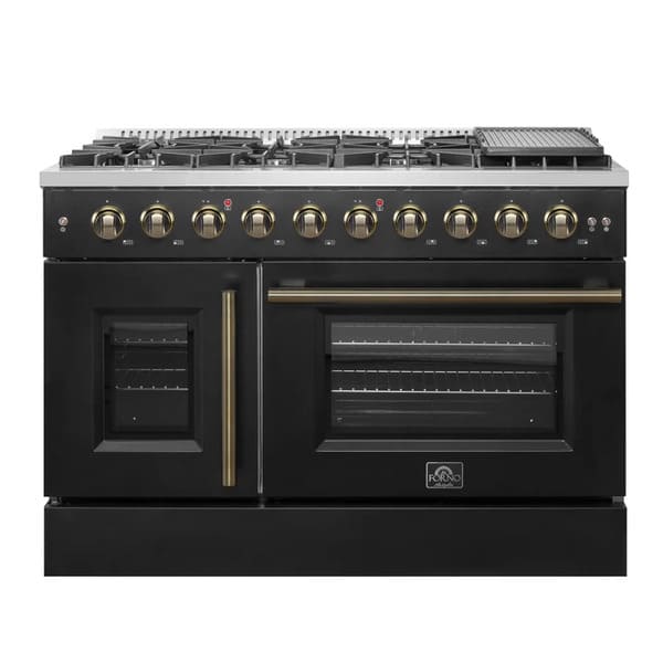 FORNO Galiano 48-Inch French Door Gas Range with 8 Burners and 6.58 Cu. Ft. Convection Oven in Black/White with Antique Brass Trim