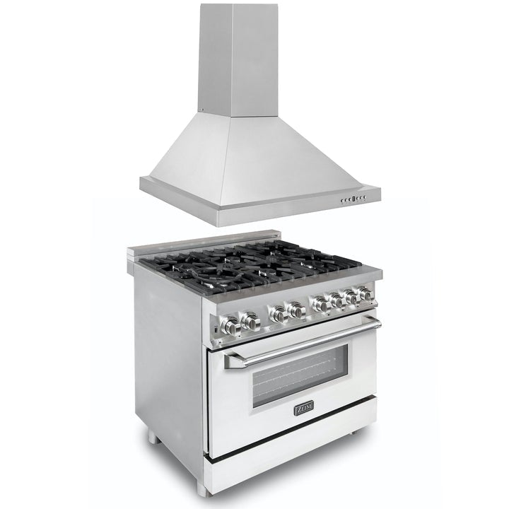 ZLINE Appliance Package - 36" Kitchen Package with Stainless Steel Dual Fuel Range with White Matte Door and Convertible Vent Range Hood