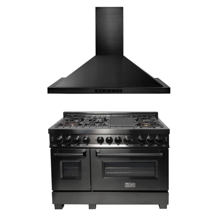 ZLINE 48" Kitchen Package with Black Stainless Steel Dual Fuel Range and Convertible Vent Range Hood (2KP-RABRH48)