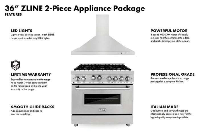 ZLINE 36" Kitchen Package with Stainless Steel Dual Fuel Range and Convertible Vent Range Hood (2KP-RARH36)
