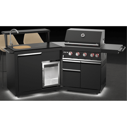 Forno All'Aperto 62,600 BTU BBQ with 3 Stainless-Steel Burners & Infrared Burners & Sink Module with Black Sintered Stone Countertops, Bar & Beverage Center