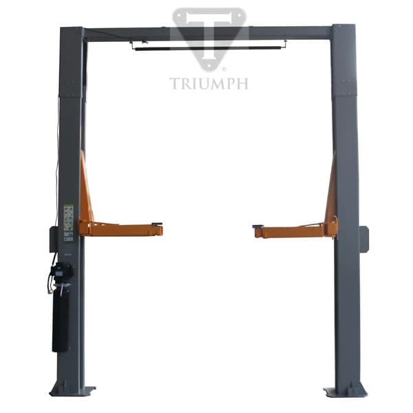 Close-up view of Triumph NTO-15 15,000 lb commercial two post auto lift highlighting arm and post details