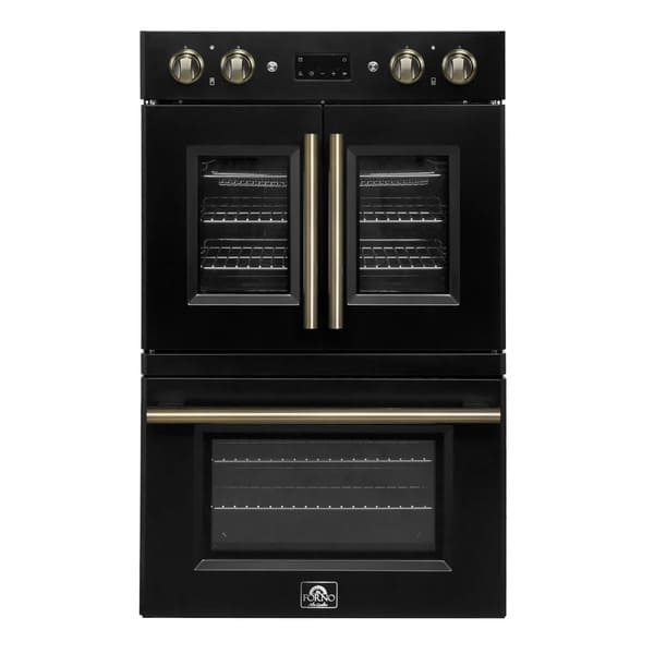 FORNO Asti 30-Inch Double Electric Wall Oven with Upper French Doors in Black/White with Antique Brass Trim