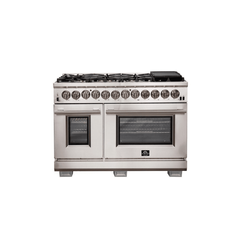 FORNO Fratta 48" Platinum Freestanding Dual Fuel Range with 240v Electric Oven - 8 Burners, Griddle, and 160,000 BTUs -FFSGS6187-48