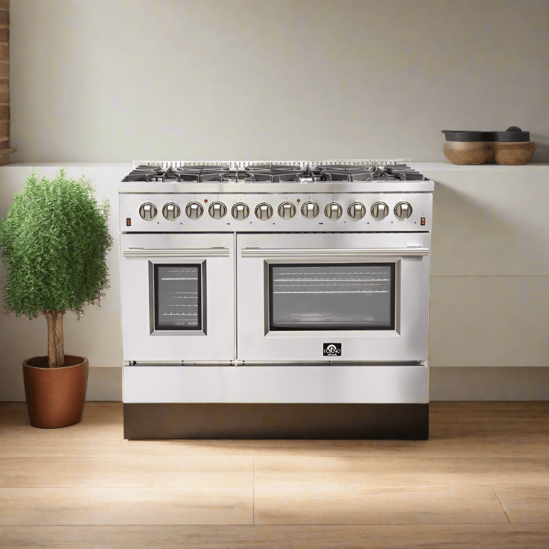 FORNO Maniago 48" Gold Freestanding Dual Fuel Range Gas Cooktop with 240v Electric Oven - 8 Burners, Griddle, and Double Oven -FFSGS6156-48