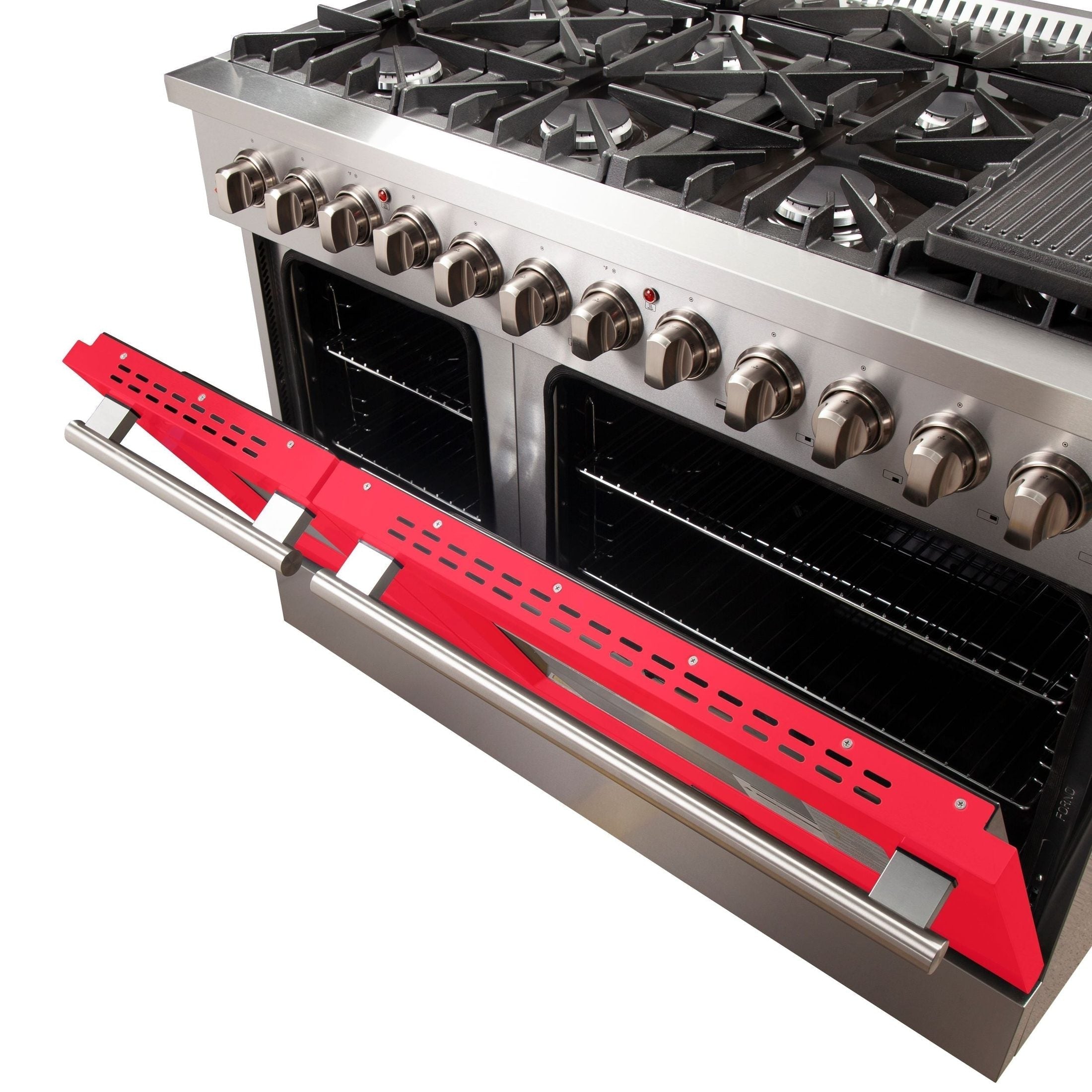 FORNO Galiano - Gold Professional 48" Freestanding Dual Fuel 240V Electric Colored Door Oven Range FFSGS6156-48RED