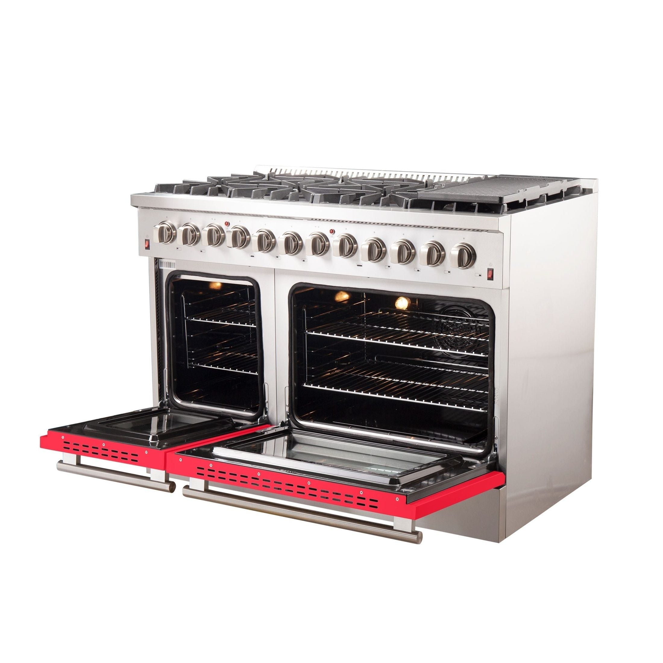 FORNO Galiano - Gold Professional 48" Freestanding Dual Fuel 240V Electric Colored Door Oven Range FFSGS6156-48RED