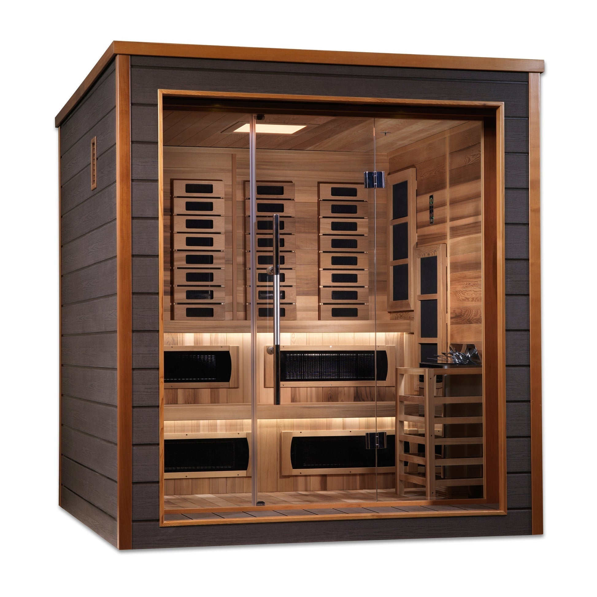 GOLDEN DESIGNS KARLSTAD 6 PERSON OUTDOOR-INDOOR PURETECH HYBRID FULL SPECTRUM SAUNA - CANADIAN RED CEDAR INTERIOR GDI-8226-01
