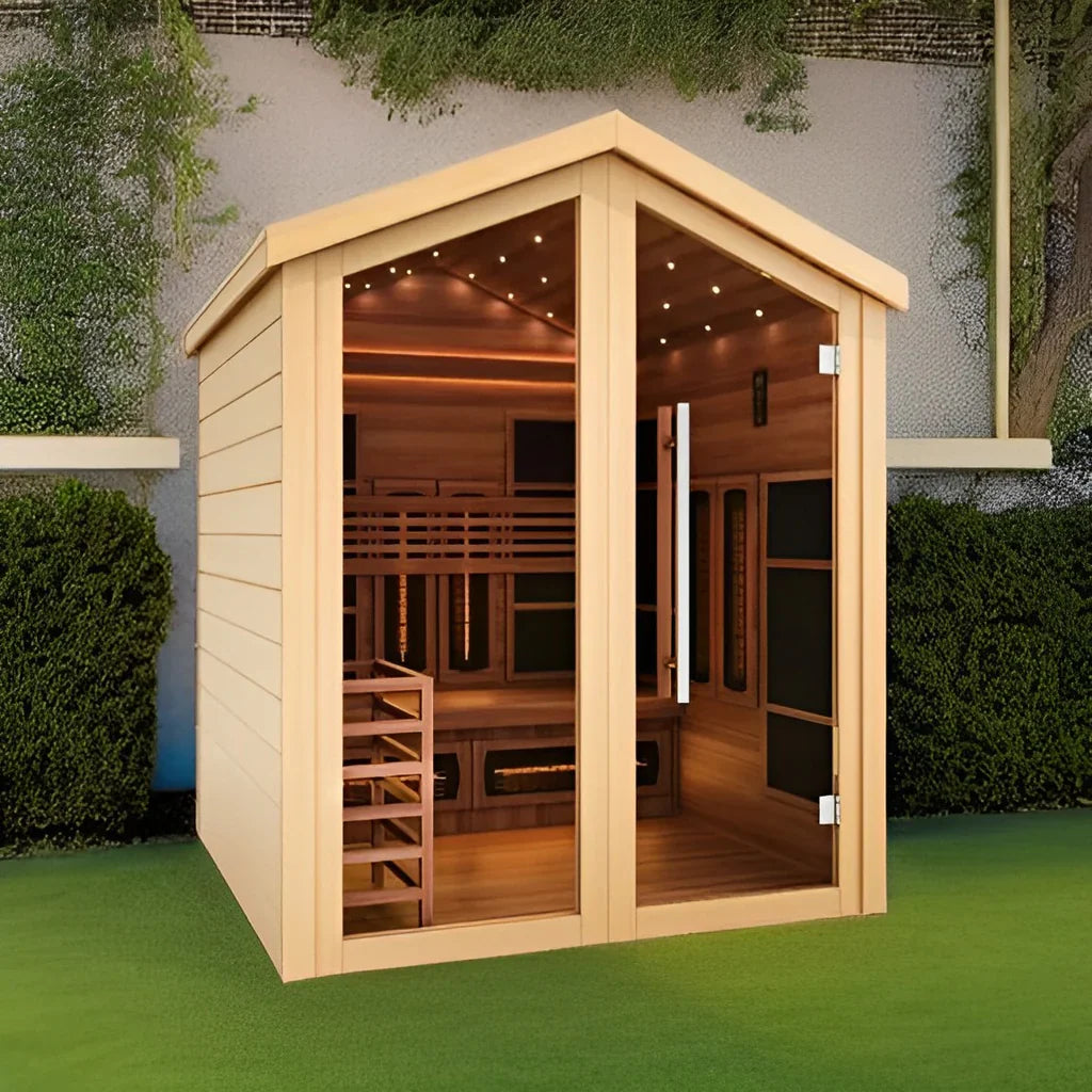 GOLDEN DESIGNS KASKINEN 6 PERSON OUTDOOR-INDOOR PURETECH HYBRID FULL SPECTRUM SAUNA - CANADIAN RED CEDAR INTERIOR GDI-8526-01