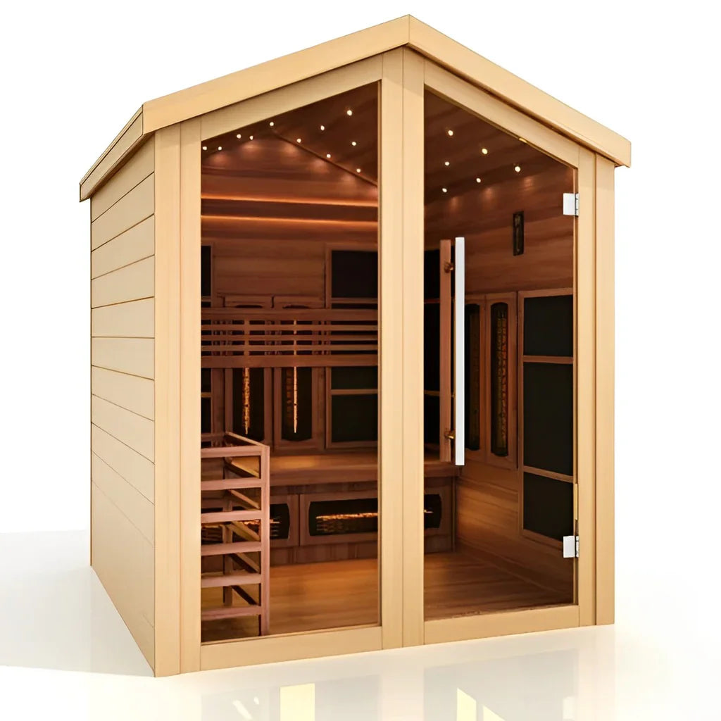 GOLDEN DESIGNS LOVIISA 3 PERSON OUTDOOR-INDOOR PURETECH HYBRID FULL SPECTRUM SAUNA - CANADIAN RED CEDAR INTERIOR GDI-8523-01