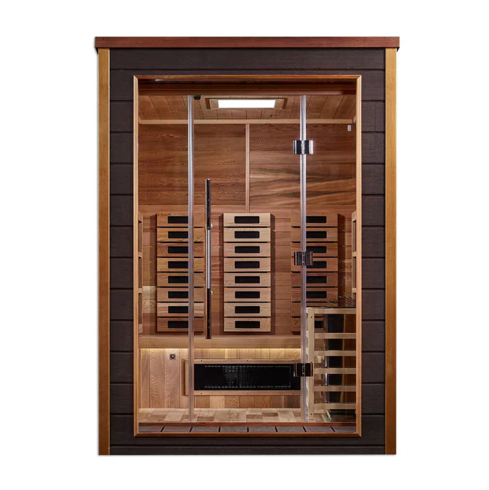 GOLDEN DESIGNS NORA 2 PERSON OUTDOOR-INDOOR PURETECH HYBRID FULL SPECTRUM SAUNA - CANADIAN RED CEDAR INTERIOR GDI-8222-01
