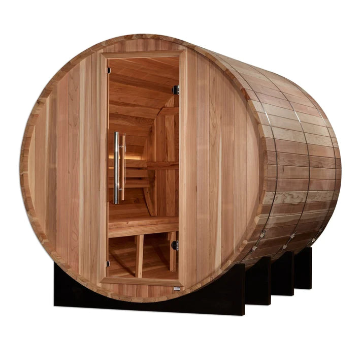 GOLDEN DESIGNS Outdoor Barrel Steam Sauna 6-Person "Klosters" Traditional Sauna with Red Cedar Wood - GDI-B006-01