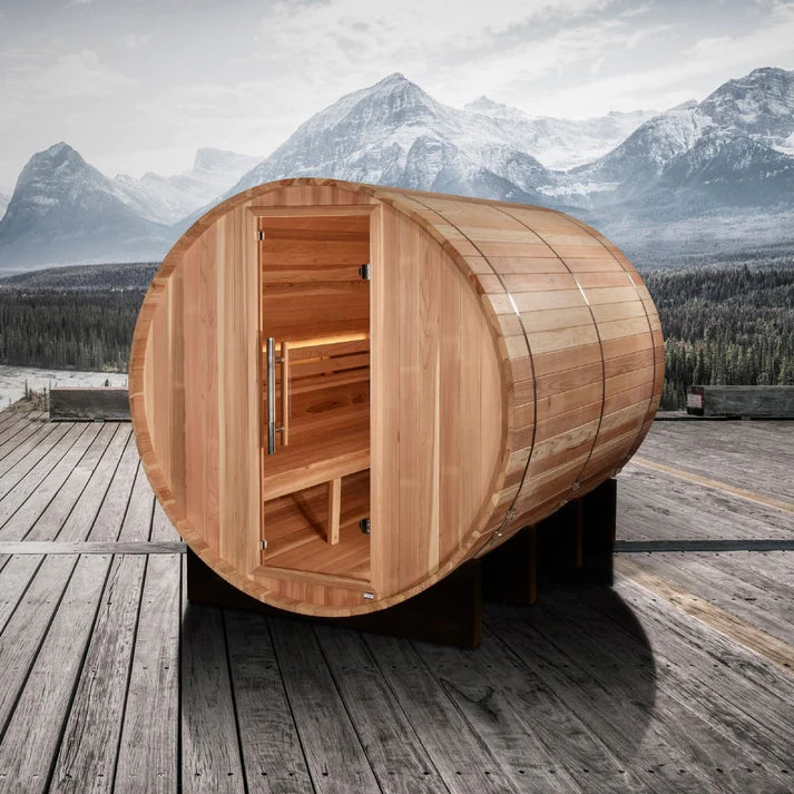GOLDEN DESIGNS Outdoor Barrel Steam Sauna 6-Person "Klosters" Traditional Sauna with Red Cedar Wood - GDI-B006-01