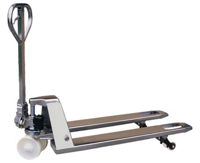 Industrial Grade Stainless Steel 304 Manual Pallet Jack 4,400 lbs 27 in x 48 in German Seal System with Special Nylon Wheels, Conforms to EN ISO3691-5:2009