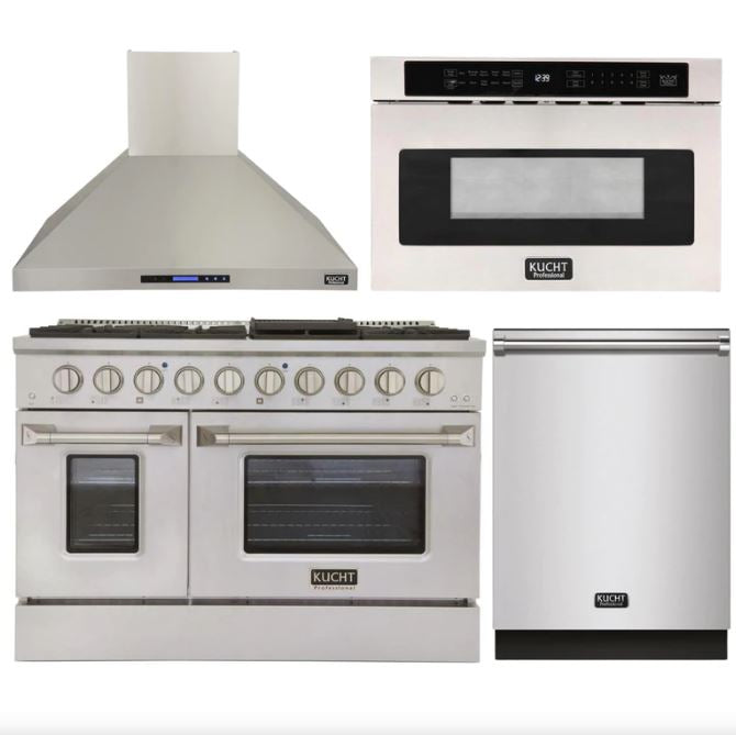 Kucht Professional 48 in. 6.7 cu ft. Natural Gas Range, Range Hood, Microwave Drawer, Dishwasher Package, AP-KNG481-S-4