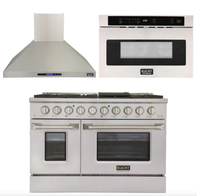Kucht Professional 48 in. 6.7 cu ft. Natural Gas Range, Range Hood & Microwave Drawer Package, AP-KNG481-S-3