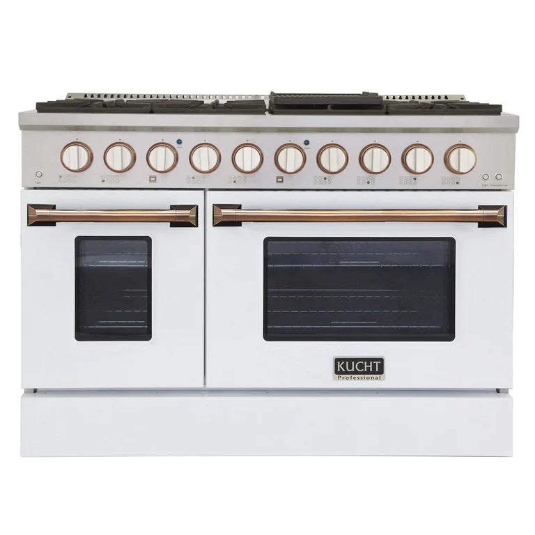 Kucht Signature 48 In. 6.7 cu ft. Natural Gas/Propane Gas Range with White/Black Door and Gold/Rose Accents