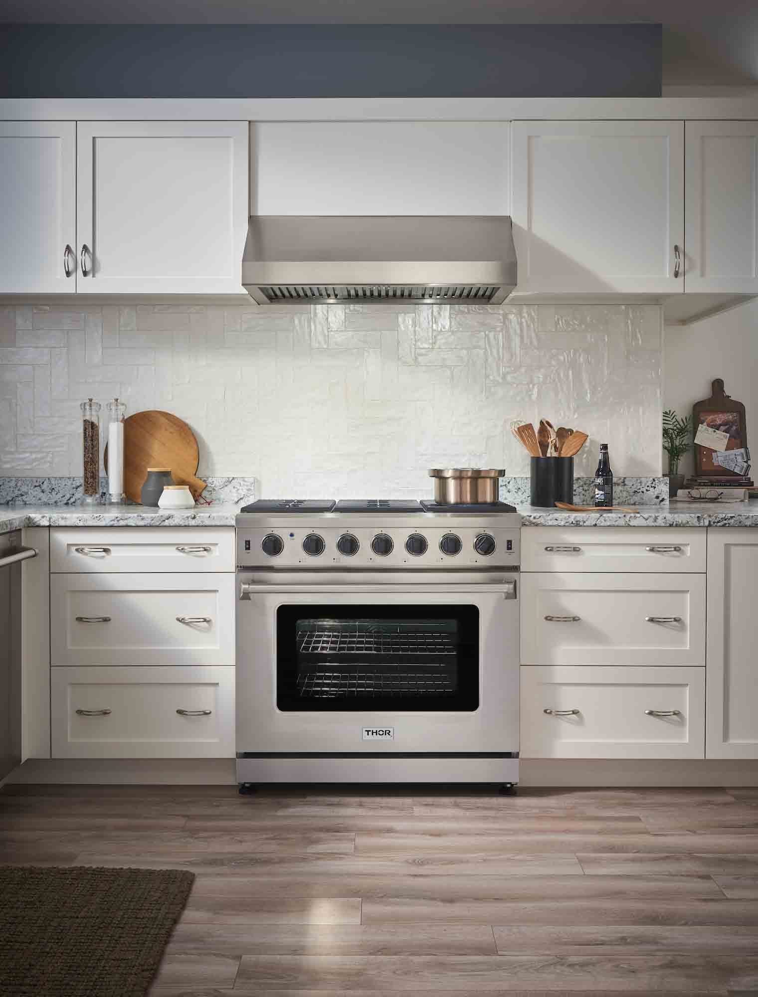 Thor Kitchen 4-Piece Appliance Package - 36-Inch Gas Range, French Door Refrigerator, Dishwasher, and Microwave Drawer in Stainless Steel