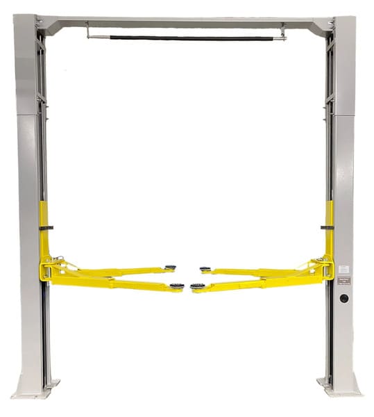 Front view of Triumph NTO-9AE 9,000 lb heavy-duty two post auto lift with overhead design and dual-point safety release