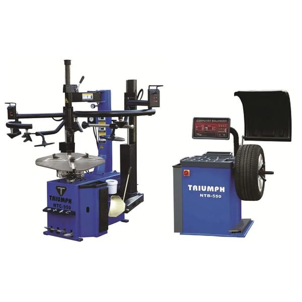 Triumph NTC-950-2 Tire Changer and NTB-550 Wheel Balancer Combo for tire shops and service centers. Includes dual pneumatic assist arms, bead blast technology, and wheel balancing features.