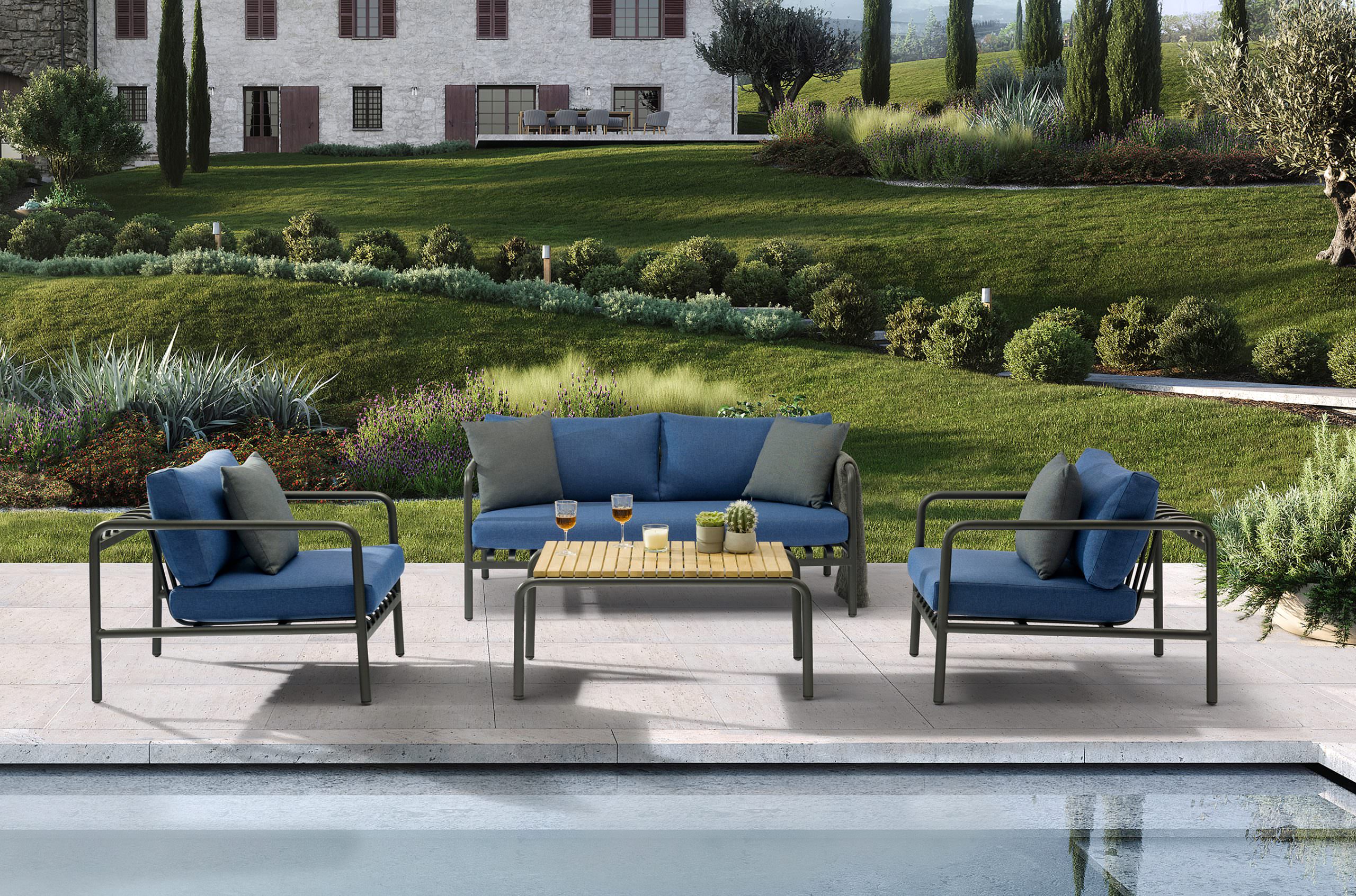 Whiteline Modern Living Andrea 4-Pieces Outdoor Lounge Set in Blue Color - COL1833