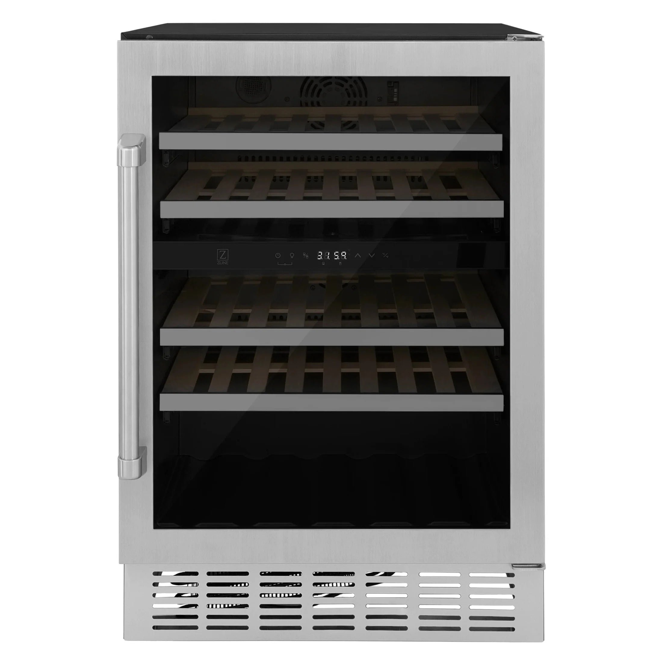 ZLINE 24 In. Monument Dual Zone 44-Bottle Wine Cooler in Stainless Steel with Wood Shelf RWV-UD-24