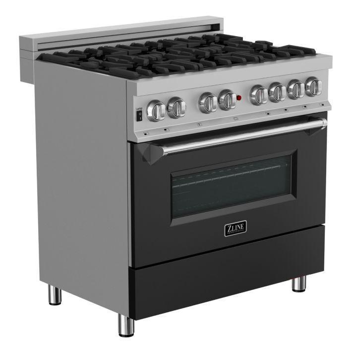 ZLINE Appliance Package - 36" Dual Fuel Range in DuraSnow® with Black Matte Door & 36" Range Hood - 2KP-RASBLMRH36