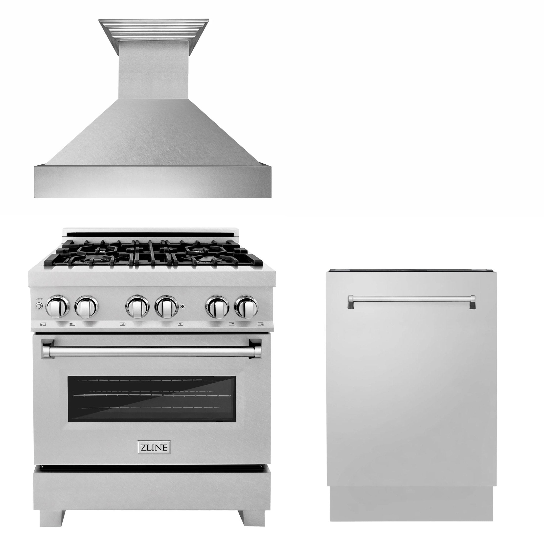 ZLINE Appliance Package - 30" Kitchen Package with DuraSnow® Stainless Dual Fuel Range, Ducted Vent Range Hood and Tall Tub Dishwasher