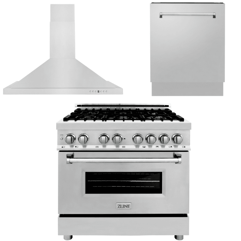 ZLINE Appliance Package - 36 in. Dual Fuel Range, Range Hood, 3 Rack Dishwasher