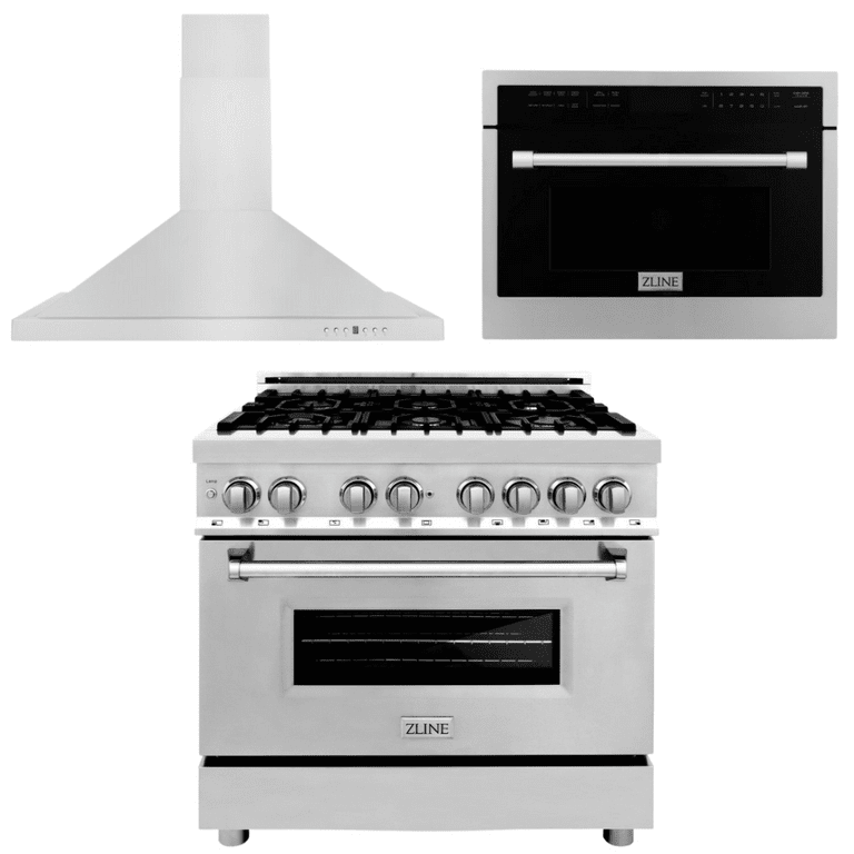 ZLINE Appliance Package - 36 In. Dual Fuel Range, Range Hood, Microwave Oven in Stainless Steel - 3KP-RARHMWO-36