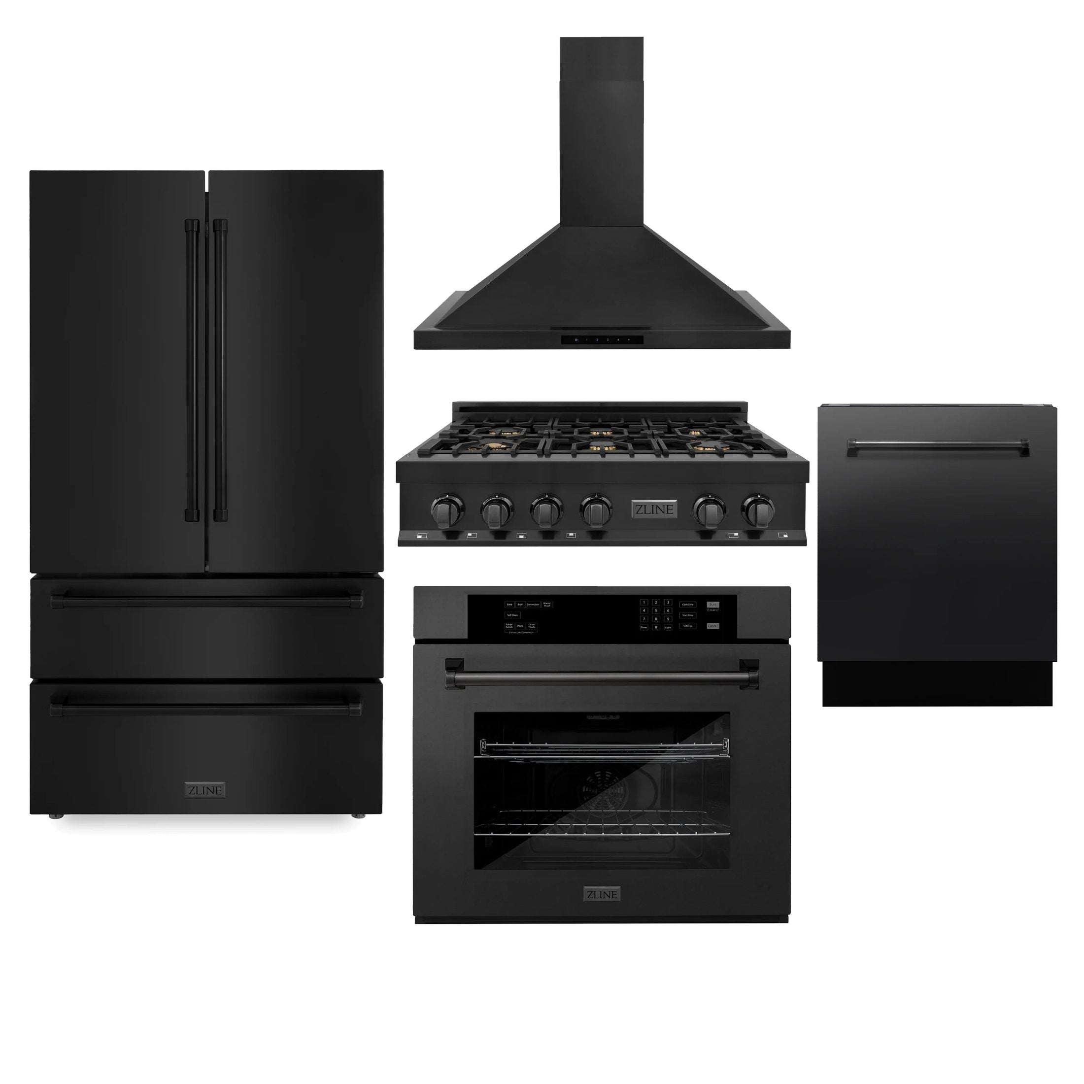 ZLINE Appliance Package - Kitchen Package with Refrigeration, 36" Black Stainless Steel Gas Rangetop, 36" Convertible Vent Range Hood, 30" Single Wall Oven, and 24" Tall Tub Dishwasher