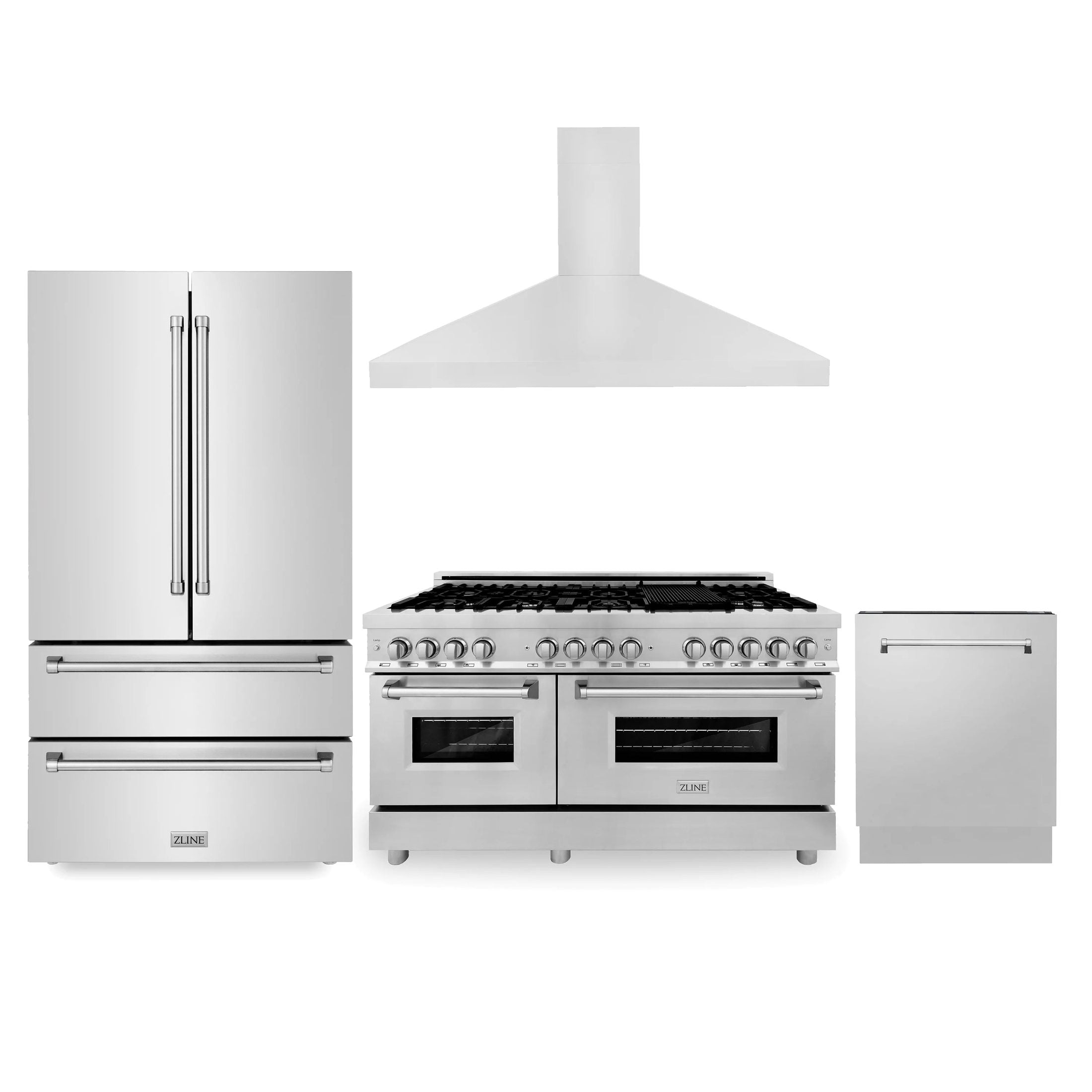 ZLINE Appliance Package -Kitchen Package with Refrigeration, 48" Stainless Steel Dual Fuel Range, 48" Convertible Vent Range Hood and 24" Tall Tub Dishwasher